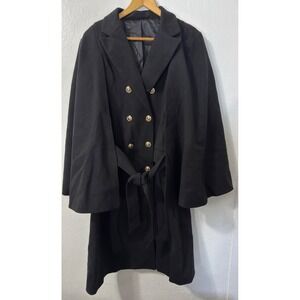 Womens Black Double Breasted Cape‎ Overcoat With Gold Buttons Belted Medium
